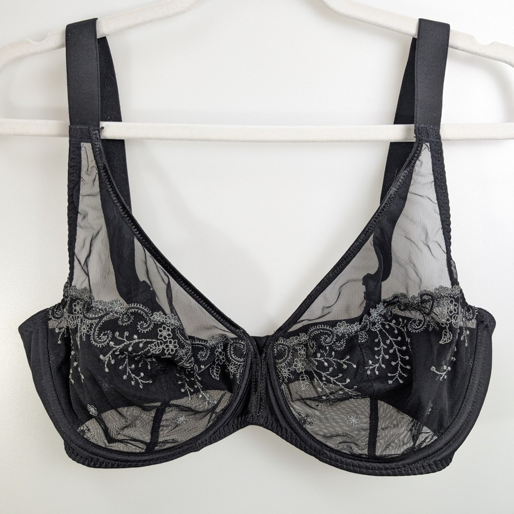 Simone Perele Delice Sheer Plunge Bra Size 34G Black Floral Embroidered 12X319